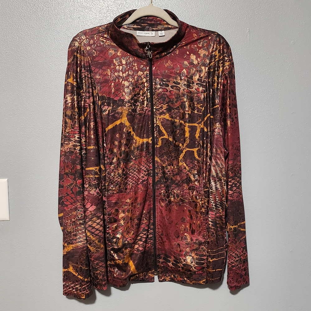 SUSAN GRAVER Zip Front Jacket Womens Plus 2X Red Brown Animal Snake Print Shiny - Picture 2 of 13